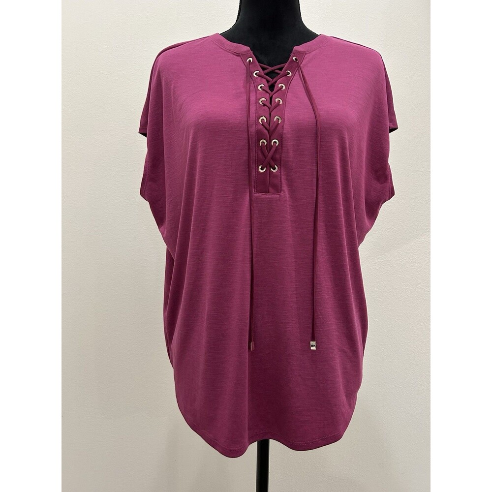 White House Black Market Womens Sz M Top Purple Short Sleeve Lace Up Front